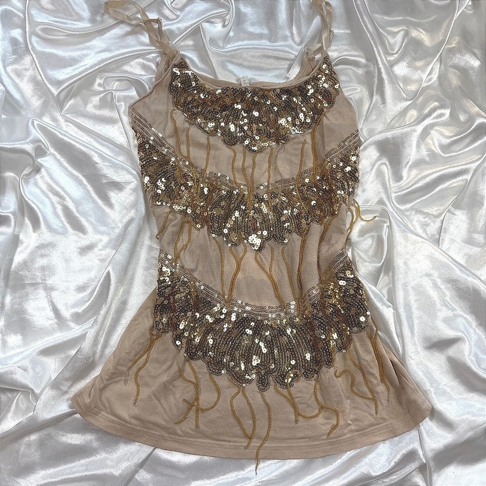 y2k Cami Top Tan Good Cristina Love Gold Sequin Tiered Beaded Fringe Large